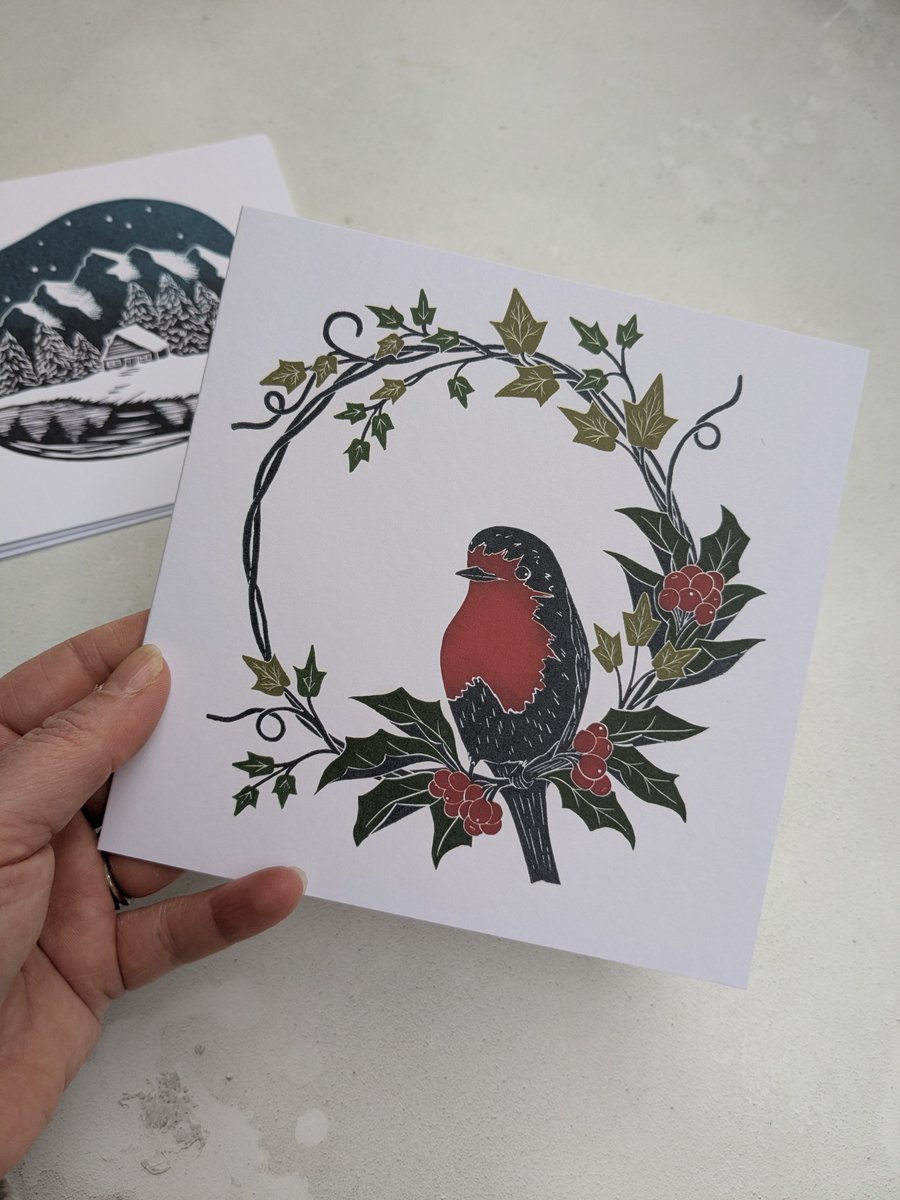 Robin in Holly and Ivy Wreath Card