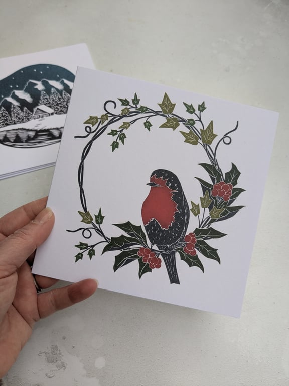 Robin in Holly and Ivy Wreath Card