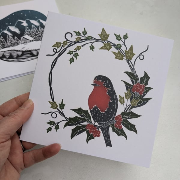 Robin in Holly and Ivy Wreath Card