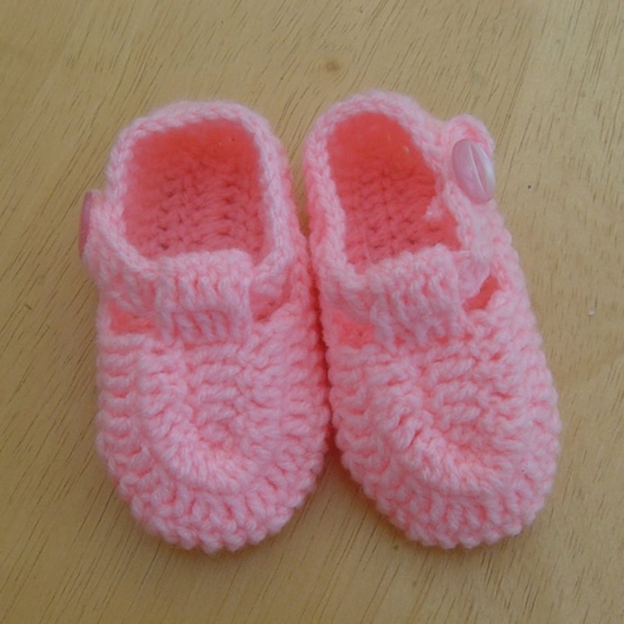 Bright Pink Hand Crocheted Baby Shoes. For 0 to 3 months.