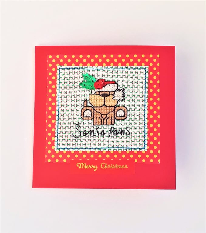 Christmas dog in a Hat cross stitch card with Holly and Berry sequin detail.
