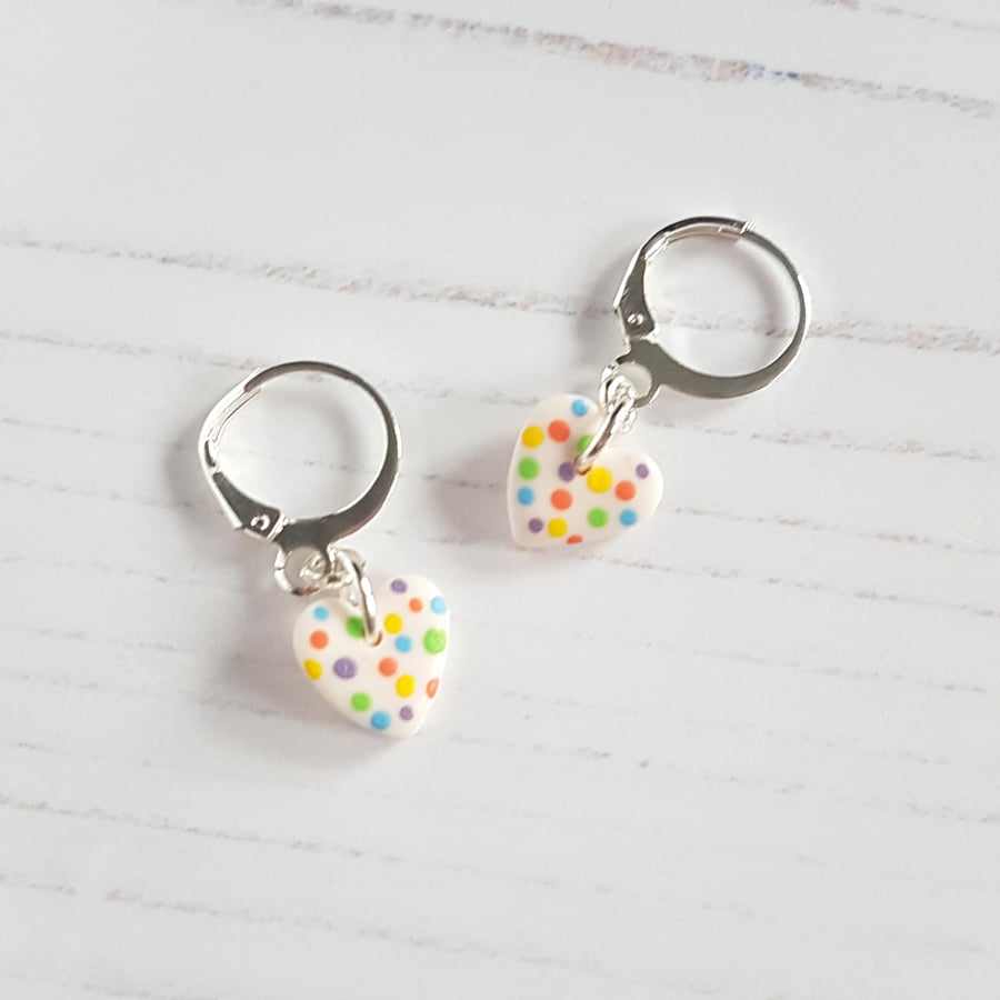 Mini pastel polka dot heart stud OR Mini hoop earrings, CHOOSE YOUR STYLE