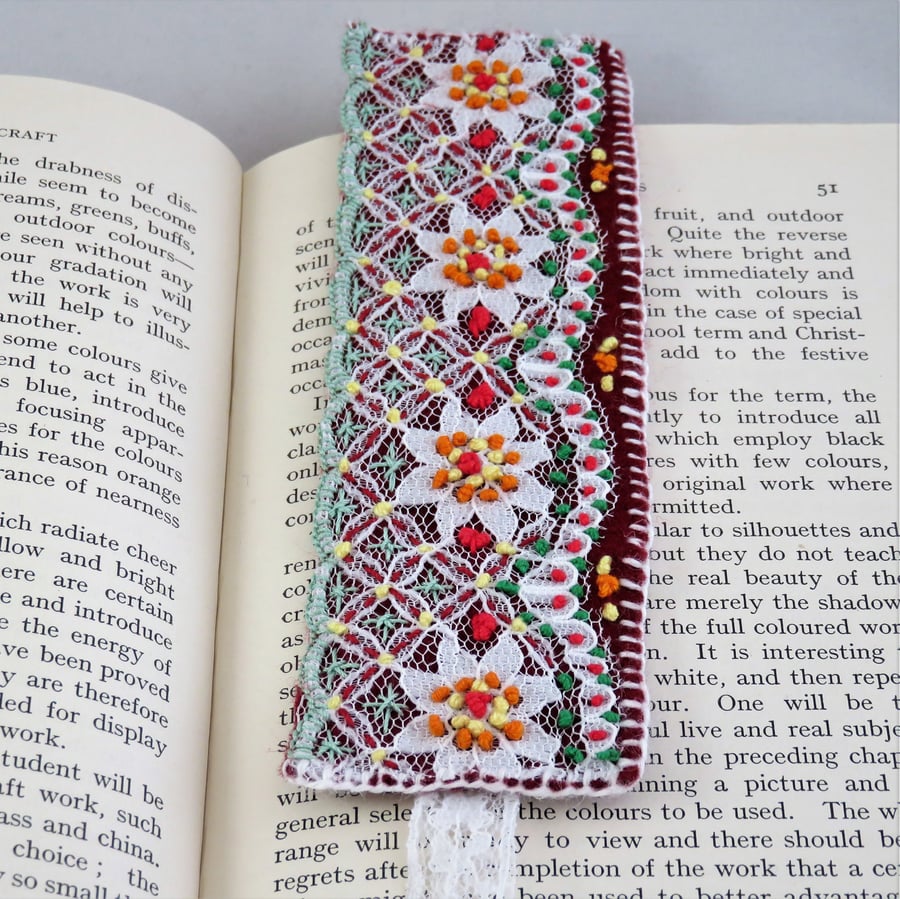 SALE Bookmark - Embroidered Lace, Red and Green on Burgundy felt