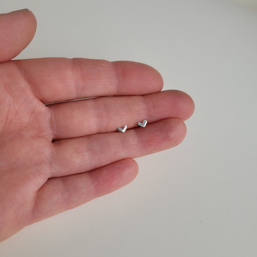 Tiny Heart Stud Earrings, Handmade Recycled Sterling Silver