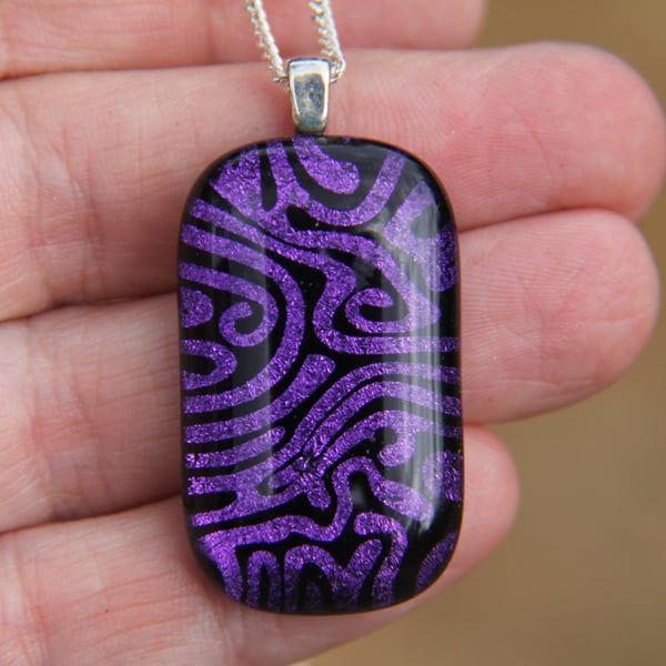 Handmade Purple Dichroic Pendant Necklace Maze pattern Fused Glass  SKU F12