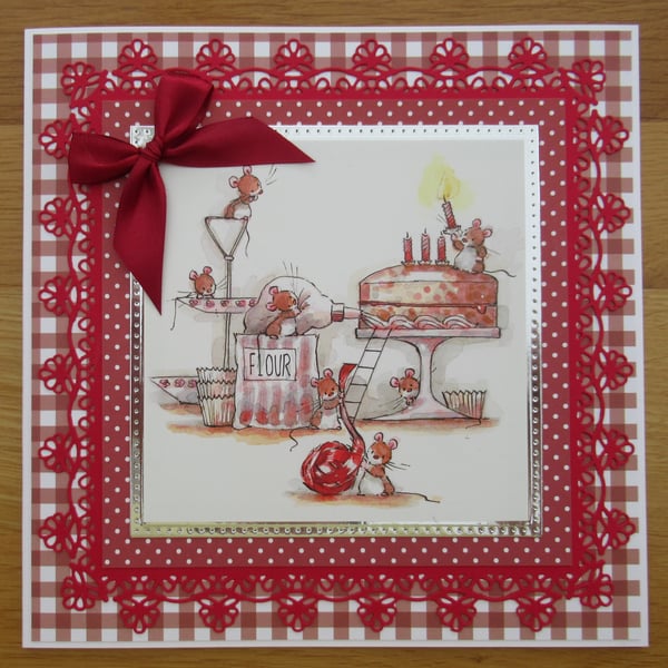 Mice Making A Cake - 8x8" Birthday Card