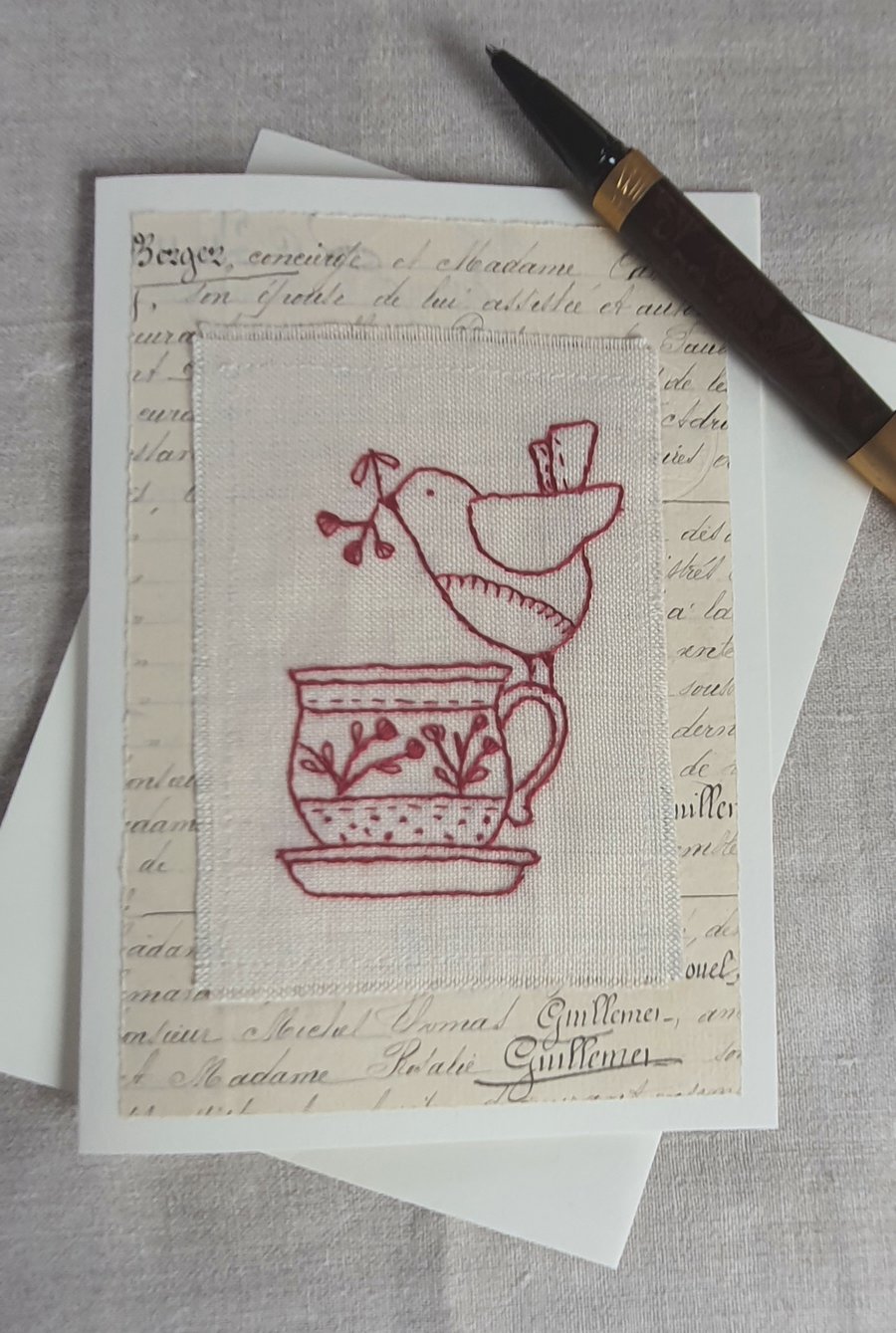 Hand embroidered blank greetings card