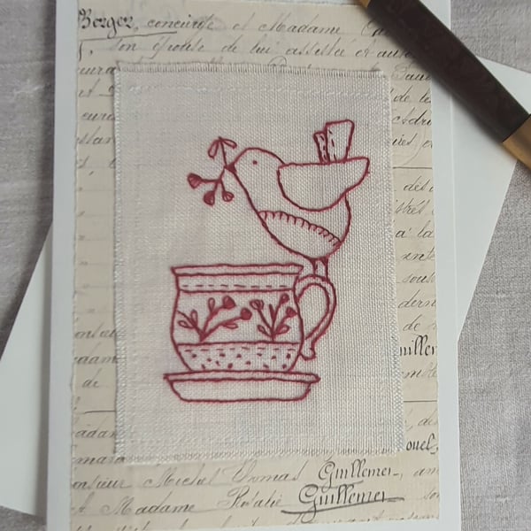 Hand embroidered blank greetings card