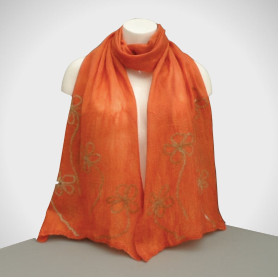 Long terracotta nuno felted scarf with floral decoration, with gift box