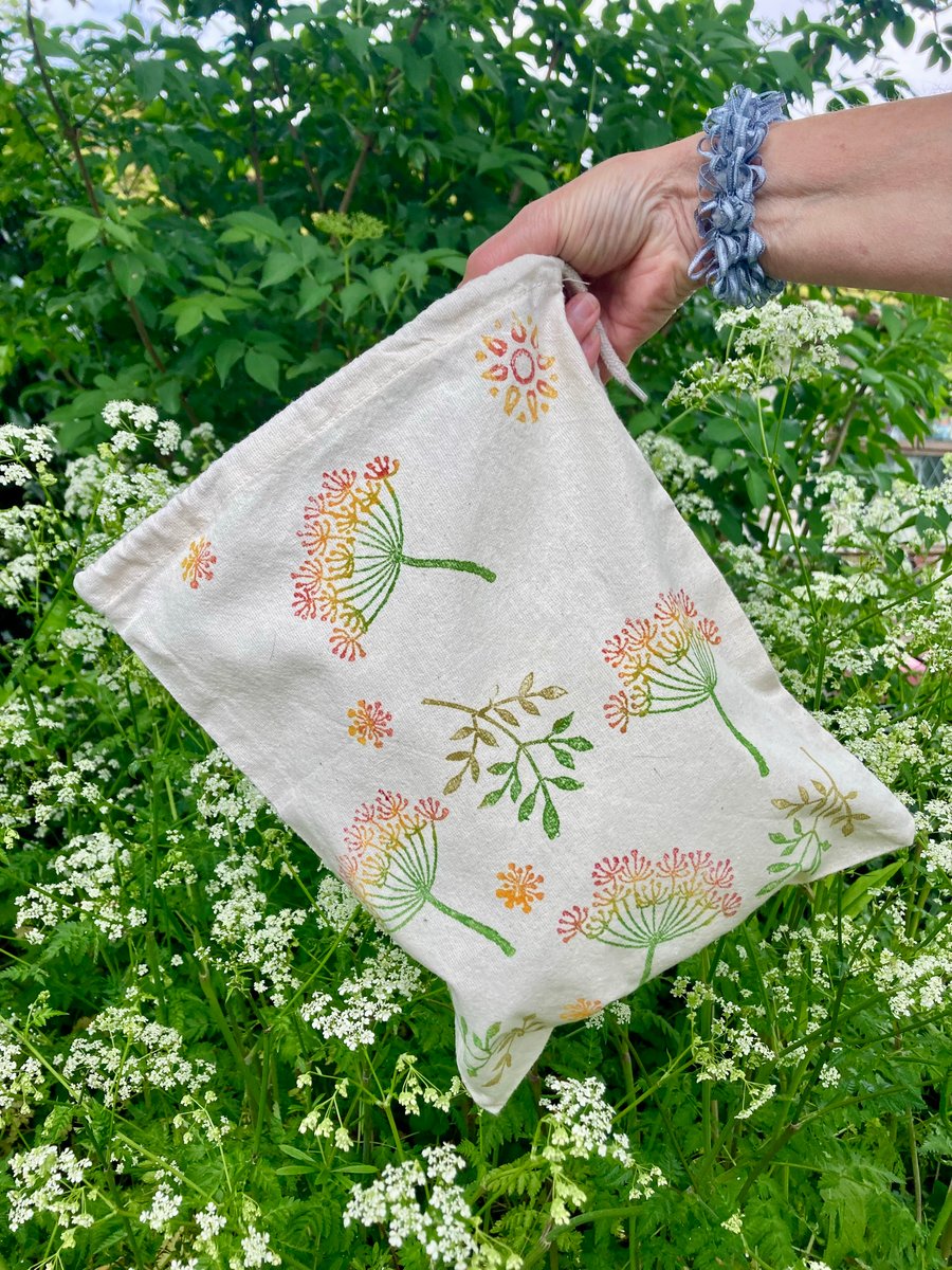 Small Block Printed Drawstring Bag Colourful Cow Parsley