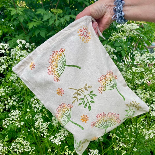 Small Block Printed Drawstring Bag Colourful Cow Parsley