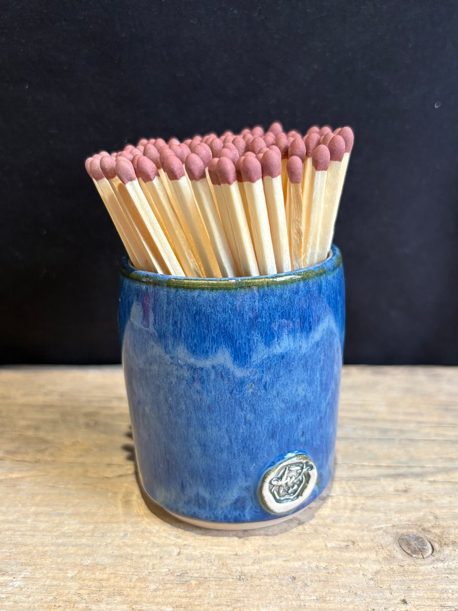 Glazed stoneware match pot with matches - blue surf