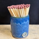 Glazed stoneware match pot with matches - blue surf