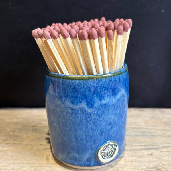 Glazed stoneware match pot with matches - blue surf