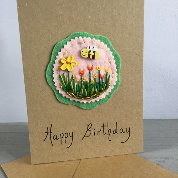 Embroidered Bee Birthday Card