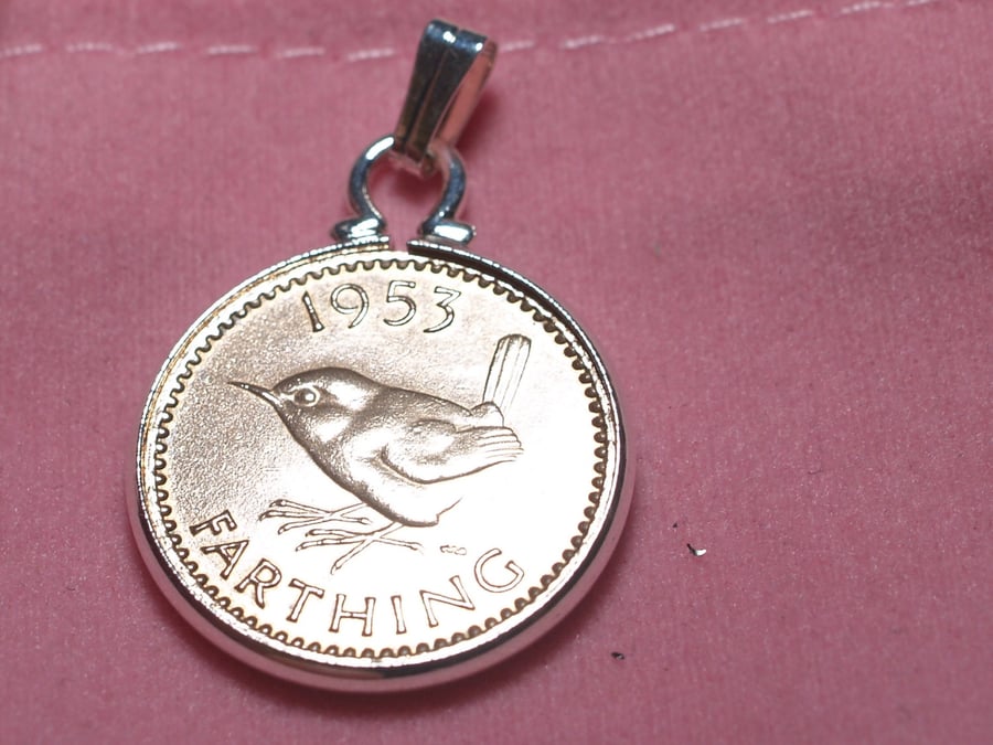 1953 68th Birthday Anniversary Farthing coin in a Silver Plated Pendant mount 