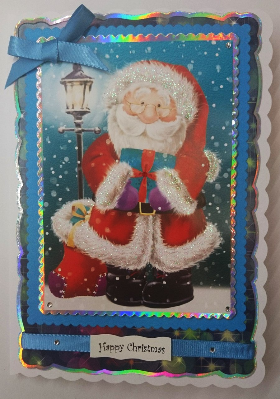 Christmas Card Cute Santa Traditional Lamp Post Holly Jolly