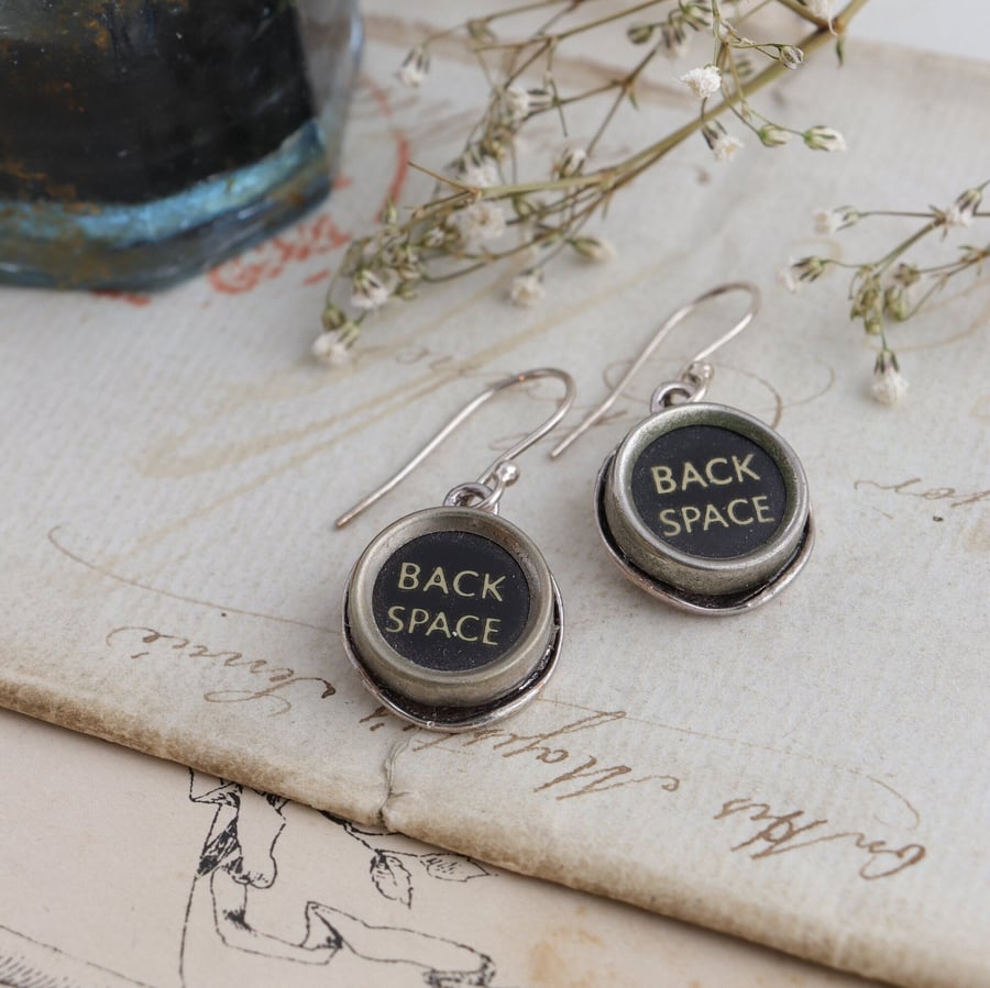 Quirky Earrings Black Typewriter Back Space Key Dangle Earrings