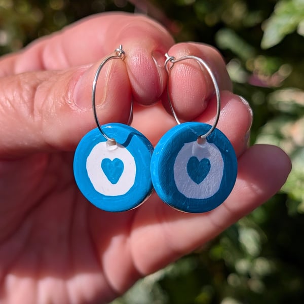 Hand-painted blue and white heart polymer clay sterling silver hoop earrings 