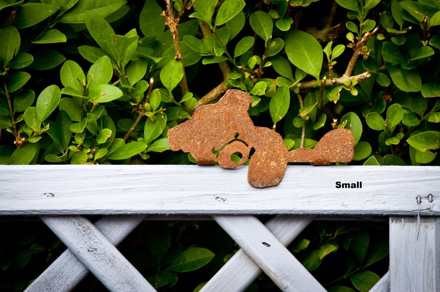Small Metal Teddy Bear Fence Ornament, Rusty Garden Wall Art, Garden Gift