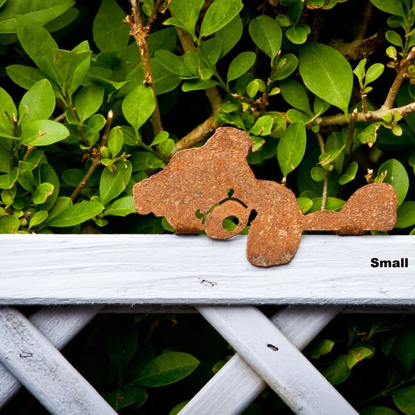 Small Metal Teddy Bear Fence Ornament, Rusty Garden Wall Art, Garden Gift