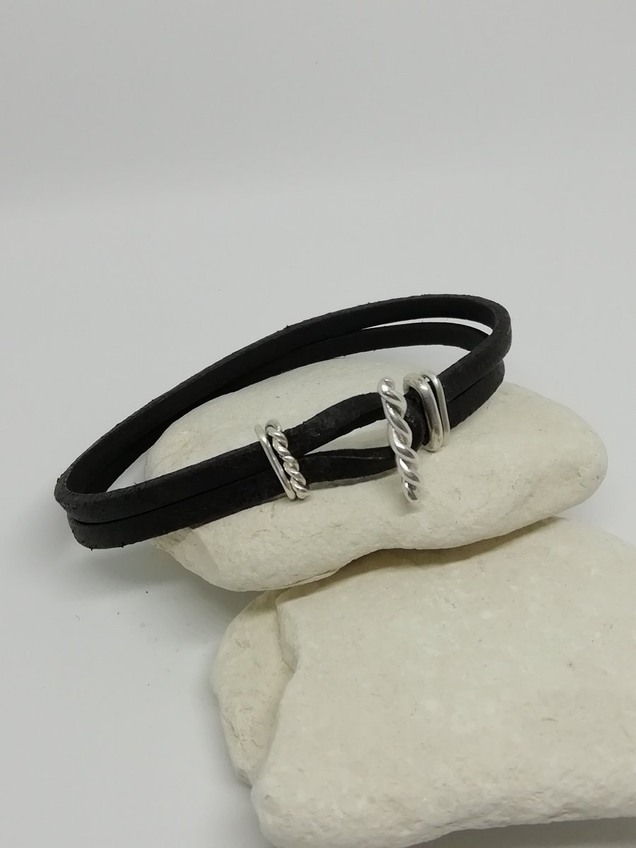 Leather Bracelet with Silver Twisted Clasp