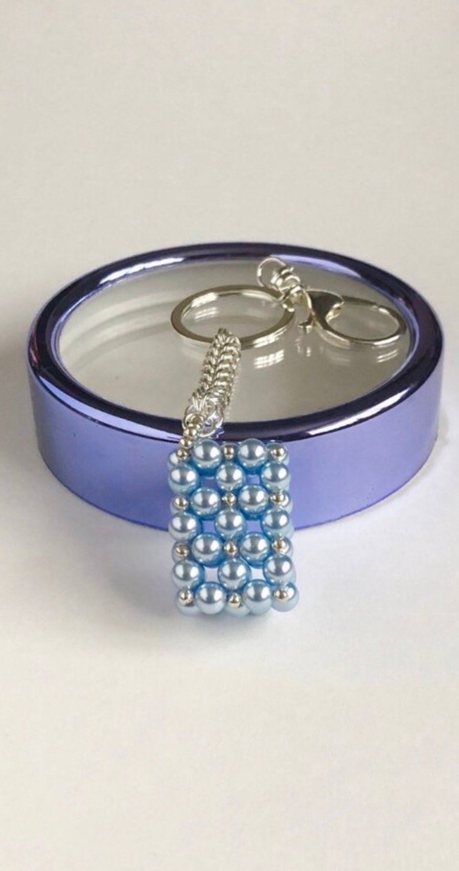 Blue Rectangle Crystal Pearl Handbag Charm, with a Chainmaille Chain and Keyring
