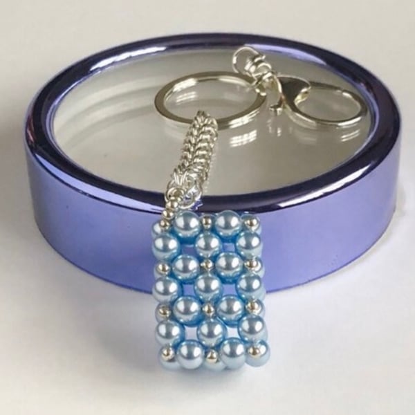 Blue Rectangle Crystal Pearl Handbag Charm, with a Chainmaille Chain and Keyring