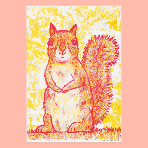 Polite Squirrel, 2-colour risograph print
