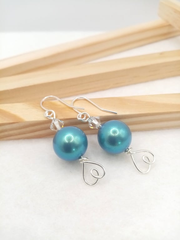 Pearlescent Blue Preciosa Pearl & Crystal Heart Dangle Earrings - Gift Boxed 