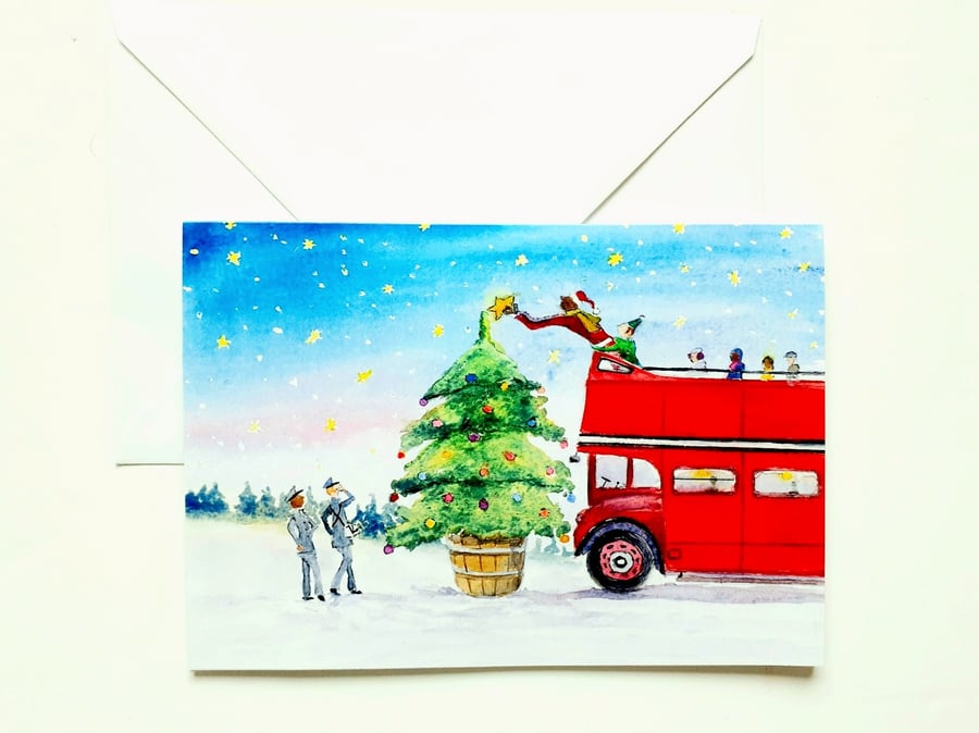 Christmas themed London bus and Christmas tree card A5 size