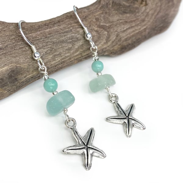 Starfish Earrings. Green Sea Glass & Amazonite Crystal Beads. Silver Jewellery