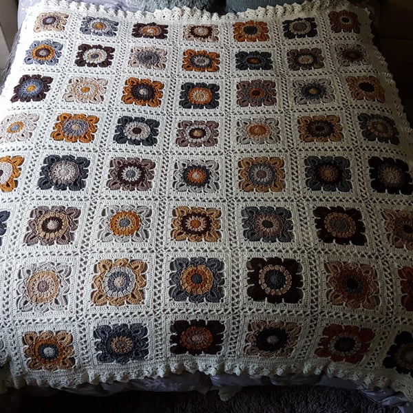 Neutral Flowers Crochet Blanket or Throw