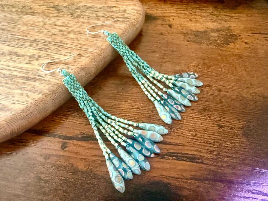 Handmade Beaded Fringe Earrings – Aqua & Polka Dot Dagger Beads - tube earrings