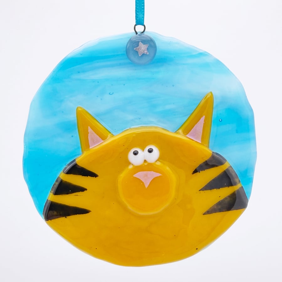 Ginger Cat Fused Glass Hanging Decoration