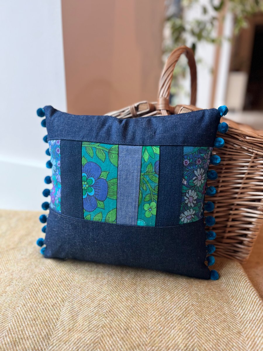 Vintage patchwork and denim cushion cover with pompoms