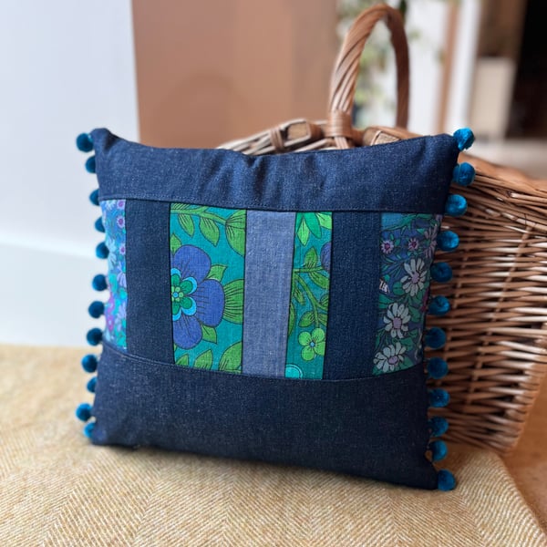 Vintage patchwork and denim cushion cover with pompoms