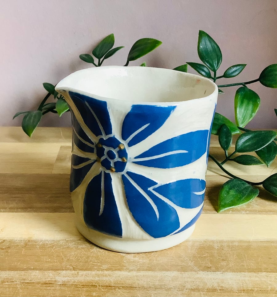 Handmade stoneware sgraffito blue flower mini sauce jug