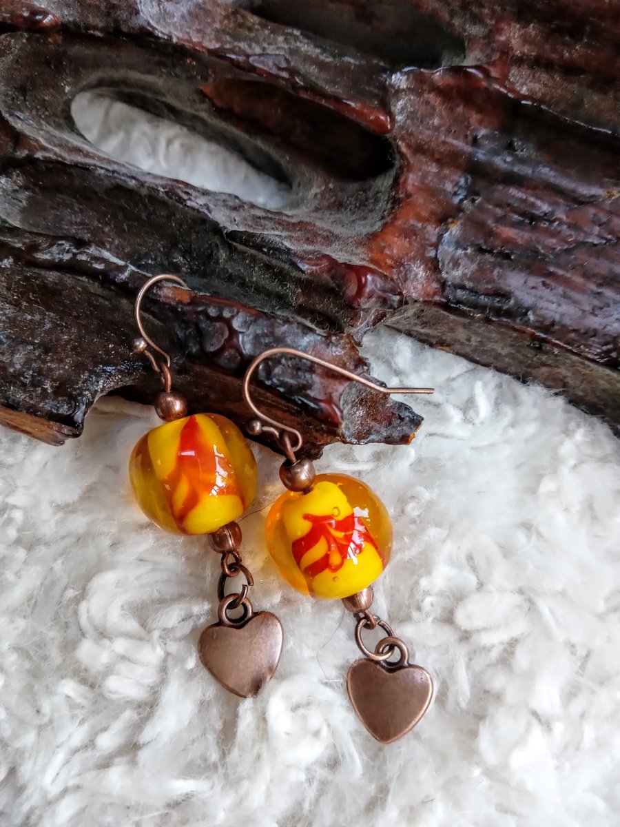 Yellow & orange LAMPWORK glass, copper beads & HEART charm EARRINGS