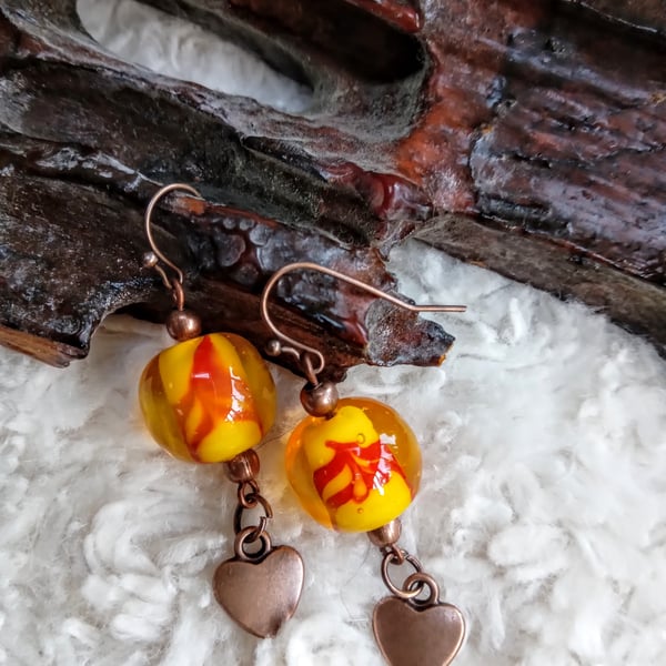 Yellow & orange LAMPWORK glass, copper beads & HEART charm EARRINGS