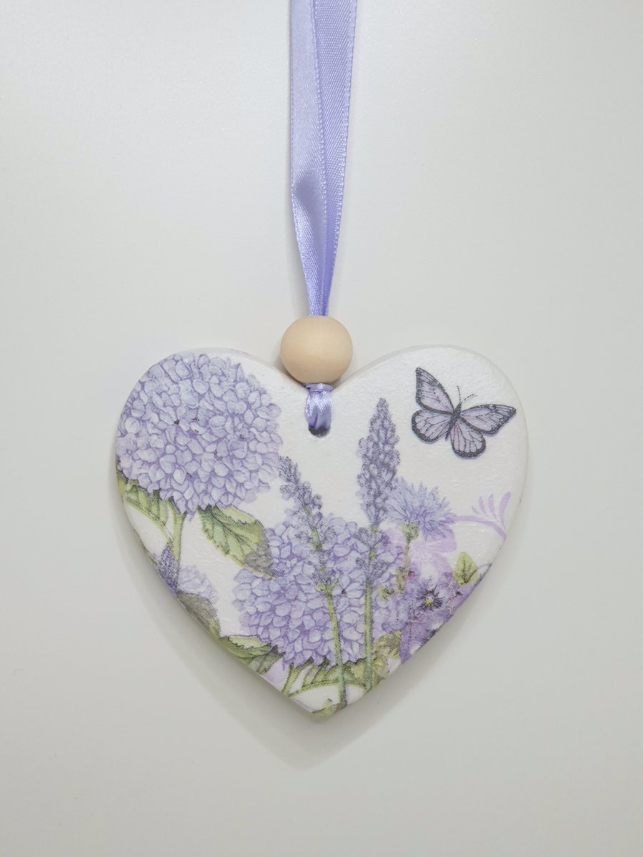Purple wildflowers floral heart, clay hanging decoration, pretty gift for her