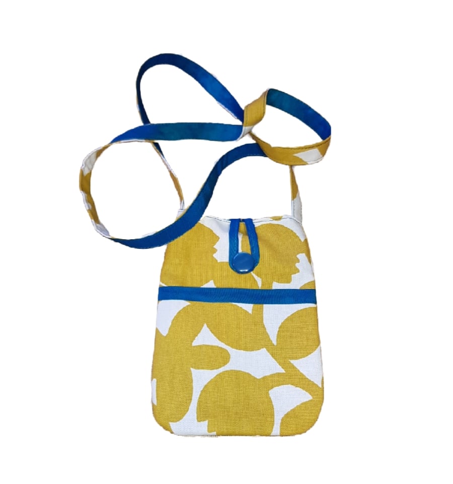 Crossbody bag; ochre contemporary print with teal