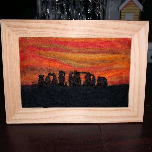 Stonehenge sunset needle felted picture