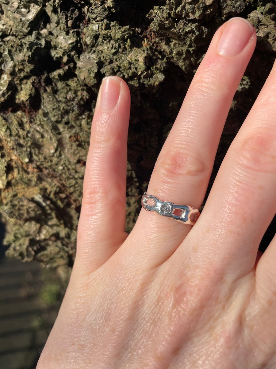 Sterling silver wax cast chain ring with small CZ stone detail Size P and a half