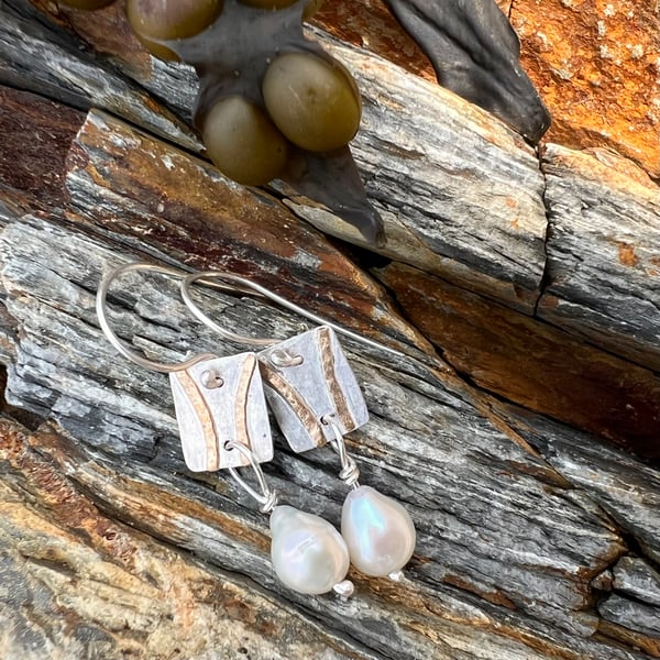  Silver and Gold Dangle Earrings with Freshwater Pearl