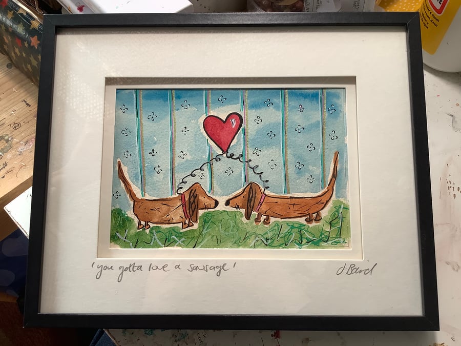 Sausage dog painting. Original art. Framed. Dogs. Dacshund. Love 