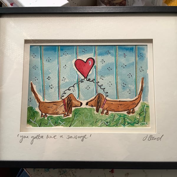 Sausage dog painting. Original art. Framed. Dogs. Dacshund. Love 