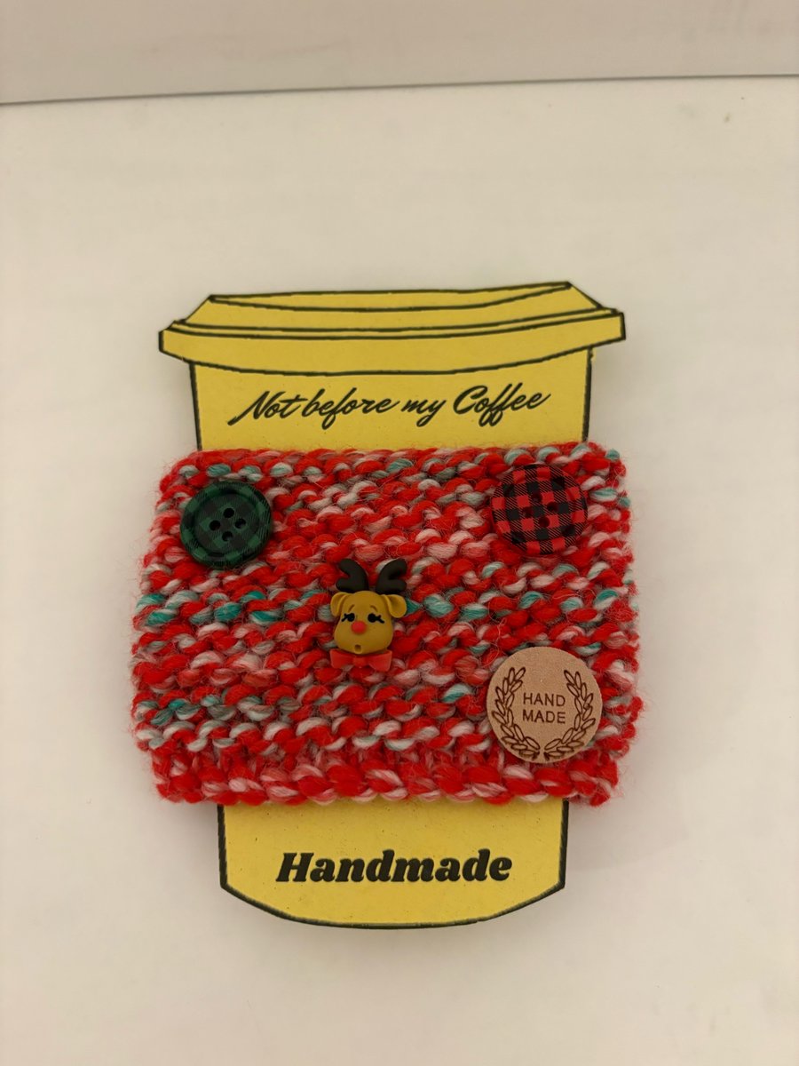 Reindeer and buttons knitted cup cosy 