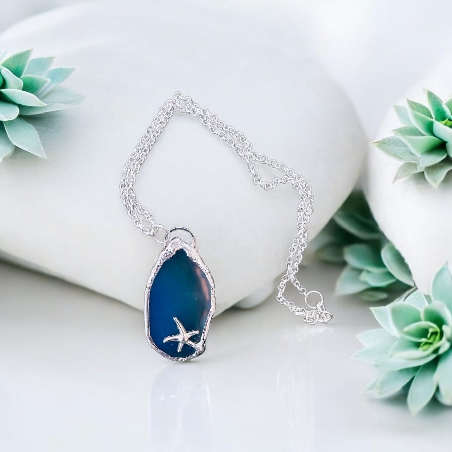 Silver Necklace - 16” Agate Starfish Pendant - Gift Boxed