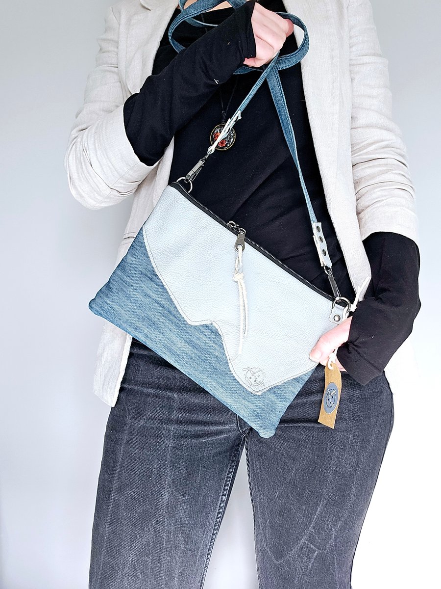 Jeans and leather clutch purse Upcycled bag in grey tones 